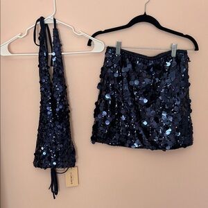 SHEIN Navy Sequin Halter Crop Top & Mini Skirt Set